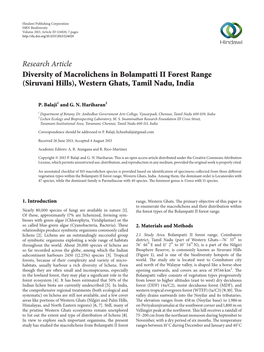Research Article Diversity of Macrolichens in Bolampatti II Forest Range (Siruvani Hills), Western Ghats, Tamil Nadu, India