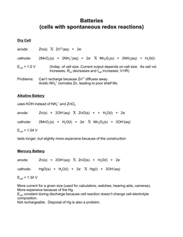 Batteries (Cells with Spontaneous Redox Reactions)