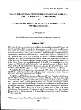 Camaenid Land Snails from Western and Central Australia (Mollusca: Pulmonata: Camaenidae) Iv Taxa from the Kimberley, Westrau'rachia Iredale, 1933 and Related Genera