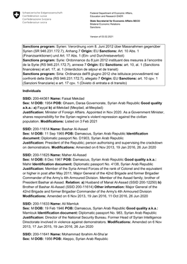 Sanctions Program: Syrien: Verordnung Vom 8. Juni 2012 Über Massnahmen Gegenüber Syrien (SR 946.231.172.7), Anhang 7 Origin: EU Sanctions: Art