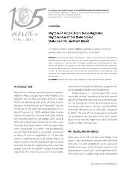 Phytoseiid Mites (Acari: Mesostigmata: Running Title: Phytoseiidae Mites Phytoseiidae) from Mato Grosso from Mato Grosso, Brazil State, Central-Western Brazil