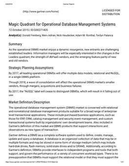 Magic Quadrant for Operational Database Management Systems 12 October 2015 | ID:G00271405