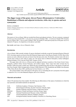 The Digger Wasps of the Genus Alysson Panzer (Hymenoptera: Crabronidae: Bembicinae) of Russia and Adjacent Territories, with a Key to Species and New Synonymies