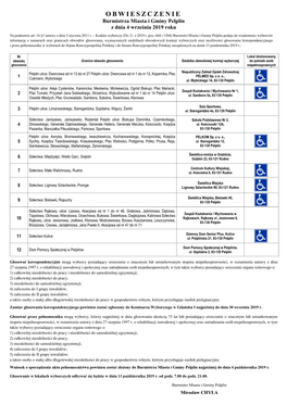 OBWIESZCZENIE Burmistrza Miasta I Gminy Pelplin Z Dnia 4 Września 2019 Roku