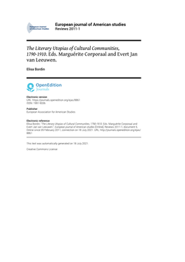 European Journal of American Studies , Reviews 2011-1 the Literary Utopias of Cultural Communities, 1790-1910