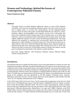 This Paper Focuses on Gender Disparity Behind the Camera, As Seen in Film Industries Worldwide, with a Focus on Contemporary Pakistani Cinema