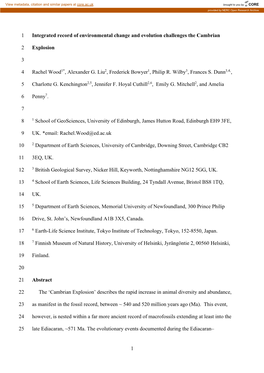 1 Integrated Record of Environmental Change and Evolution Challenges the Cambrian