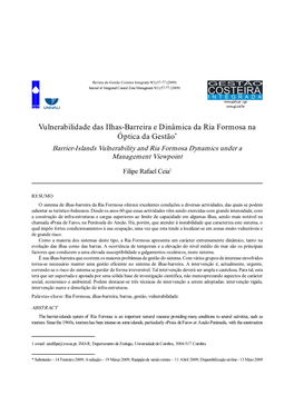 Vulnerabilidade Das Ilhas-Barreira E Dinâmica Da Ria Formosa Na Óptica Da Gestão* Barrier-Islands Vulnerability and Ria Formosa Dynamics Under a Management Viewpoint