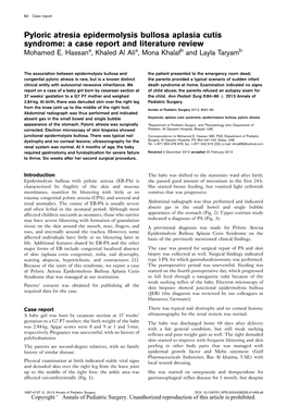 Pyloric Atresia Epidermolysis Bullosa Aplasia Cutis Syndrome: a Case Report and Literature Review Mohamed E