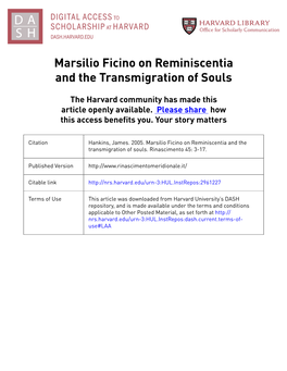 Marsilio Ficino on Reminiscentia and the Transmigration of Souls