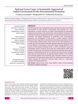 National Green Corps: a Sustainable Approach of Indian Government for the Environmental Protection *Gaddeyya Gandipilli **Ranganathan R **Subhashini Kuramana