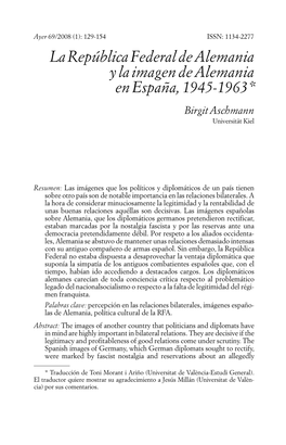 La República Federal De Alemania Y La Imagen De Alemania En España, 1945-1963 * Birgit Aschmann Universität Kiel