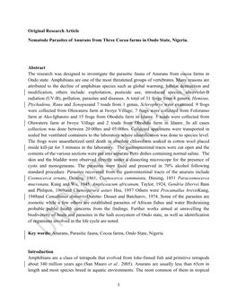 Original Research Article Nematode Parasites of Anurans from Three Cocoa Farms in Ondo State, Nigeria