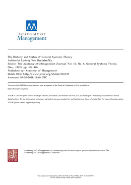 The History and Status of General Systems Theory Author(S): Ludwig Von Bertalanffy Source: the Academy of Management Journal, Vol