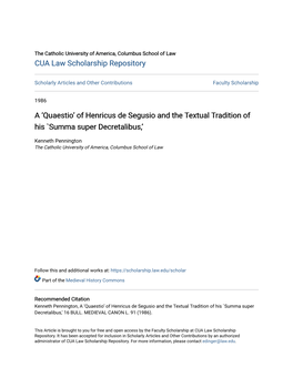 A Â•Ÿquaestioâ•Ž of Henricus De Segusio and the Textual Tradition