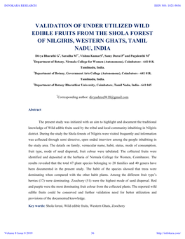 Validation of Under Utilized Wild Edible Fruits from the Shola Forest of Nilgiris, Western Ghats, Tamil Nadu, India
