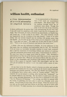 William Hazlitt, Enthusiast a F in E Interpretation It Was Appropriately at Shrewsbury of a Vivid Personality That I First Made My Acquaintance with H Azlitt