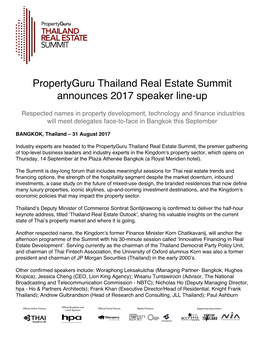 Propertyguru Thailand Real Estate Summit Announces 2017 Speaker Line-Up