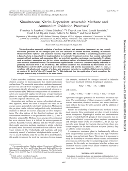 Simultaneous Nitrite-Dependent Anaerobic Methane and Ammonium Oxidation Processesᰔ Francisca A