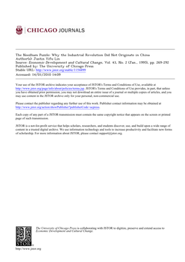 Needham Puzzle: Why the Industrial Revolution Did Not Originate in China Author(S): Justin Yifu Lin Source: Economic Development and Cultural Change, Vol