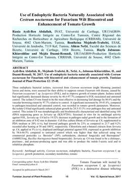 Use of Endophytic Bacteria Naturally Associated with Cestrum Nocturnum for Fusarium Wilt Biocontrol and Enhancement of Tomato Growth