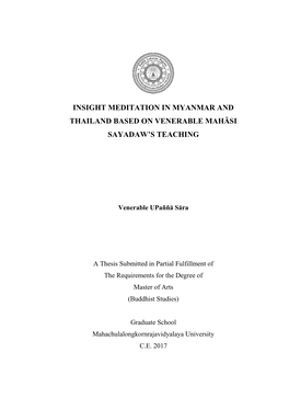 Insight Meditation in Myanmar and Thailand Based on Venerable Mahāsi Sayadaw’S Teaching