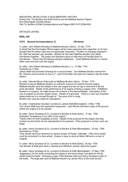 The Boulton and Watt Archive and the Matthew Boulton Papers from Birmingham Central Library Part 13: Boulton & Watt Correspondence and Papers (MS 3147/3/286­404)