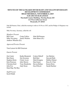 Minutes of the Kankakee River Basin and Yellow River Basin Development Commission Held Thursday, November 21, 2019 9:30 Am Cst/1