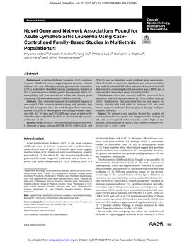 Novel Gene and Network Associations Found for Acute Lymphoblastic Leukemia Using Case−Control and Family-Based Studies in Multiethnic Populations