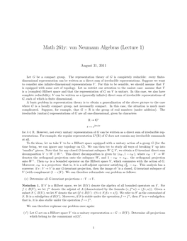 Math 261Y: Von Neumann Algebras (Lecture 1)