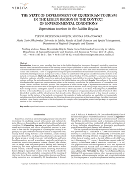 THE STATE of DEVELOPMENT of EQUESTRIAN TOURISM in the LUBLIN REGION in the CONTEXT of ENVIRONMENTAL CONDITIONS Equestrian Tourism in the Lublin Region