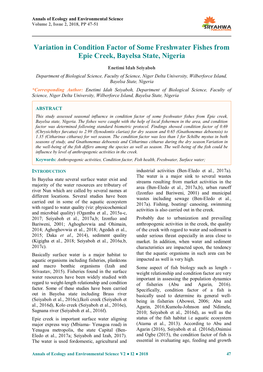 Variation in Condition Factor of Some Freshwater Fishes from Epie Creek, Bayelsa State, Nigeria