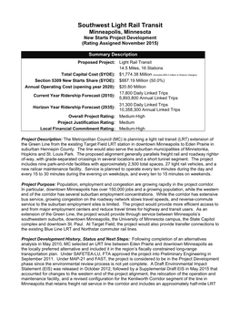 Southwest Light Rail Transit Minneapolis, Minnesota New Starts Project Development (Rating Assigned November 2015)