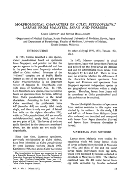 Morphological Characters of Culex Pseudovishnui Larvae from Malaysia, Japan and Formosa