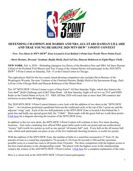 Defending Champion Joe Harris and Nba All-Stars Damian Lillard and Trae Young Headline 2020 Mtn Dew® 3-Point Contest