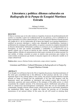 Literatura Y Política: Dilemas Culturales En Radiografía De La Pampa De Ezequiel Martínez Estrada