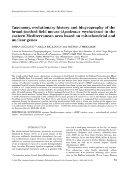 (Apodemus Mystacinus) in the Eastern Mediterranean Area Based on Mitochondrial and Nuclear Genes