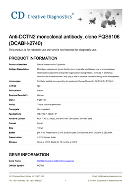 Anti-DCTN2 Monoclonal Antibody, Clone FQS6106 (DCABH-2740) This Product Is for Research Use Only and Is Not Intended for Diagnostic Use