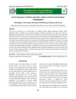 Sea Level Pressure Variation and Major Cyclone Events in Coastal Regions of Bangladesh