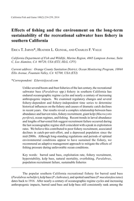 Effects of Fishing and the Environment on the Long-Term Sustainability of the Recreational Saltwater Bass Fishery in Southern California