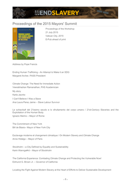 Proceedings of the 2015 Mayors' Summit Proceedings of the Workshop 21 July 2015 Vatican City, 2015 E-Pub Ahead of Print