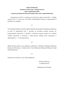 POSTANOWIENIE Komisarza Wyborczego W Jeleniej Górze II Z Dnia 1 Października 2018 R