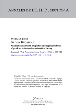 Axiomatic Analyticity Properties and Representations of Particles in Thermal Quantum ﬁeld Theory Annales De L’I