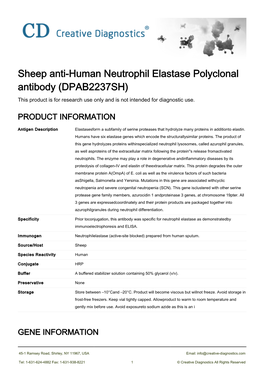 Sheep Anti-Human Neutrophil Elastase Polyclonal Antibody (DPAB2237SH) This Product Is for Research Use Only and Is Not Intended for Diagnostic Use