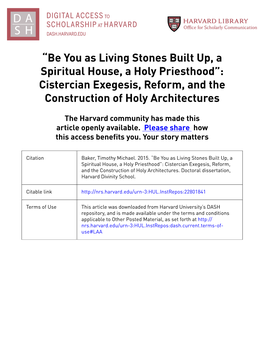 “Be You As Living Stones Built Up, a Spiritual House, a Holy Priesthood”: Cistercian Exegesis, Reform, and the Construction of Holy Architectures