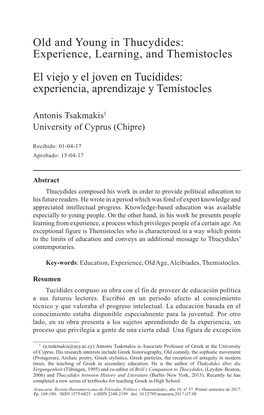 Old and Young in Thucydides: Experience, Learning, and Themistocles El Viejo Y El Joven En Tucídides: Experiencia, Aprendizaje Y Temístocles