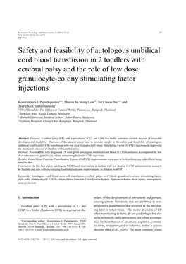 Safety and Feasibility of Autologous Umbilical Cord Blood Transfusion In