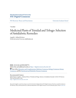Medicinal Plants of Trinidad and Tobago: Selection of Antidiabetic Remedies Angelle L