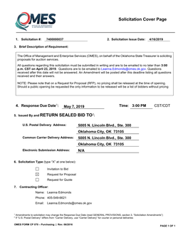 Solicitation Cover Page 5. Issued by and RETURN SEALED BID TO2