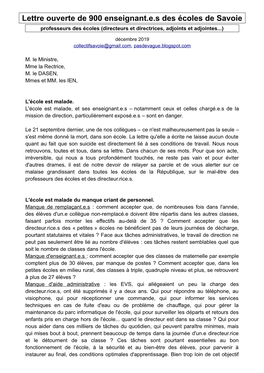 Lettre Ouverte De 900 Enseignant.E.S Des Écoles De Savoie Professeurs Des Écoles (Directeurs Et Directrices, Adjoints Et Adjointes...)